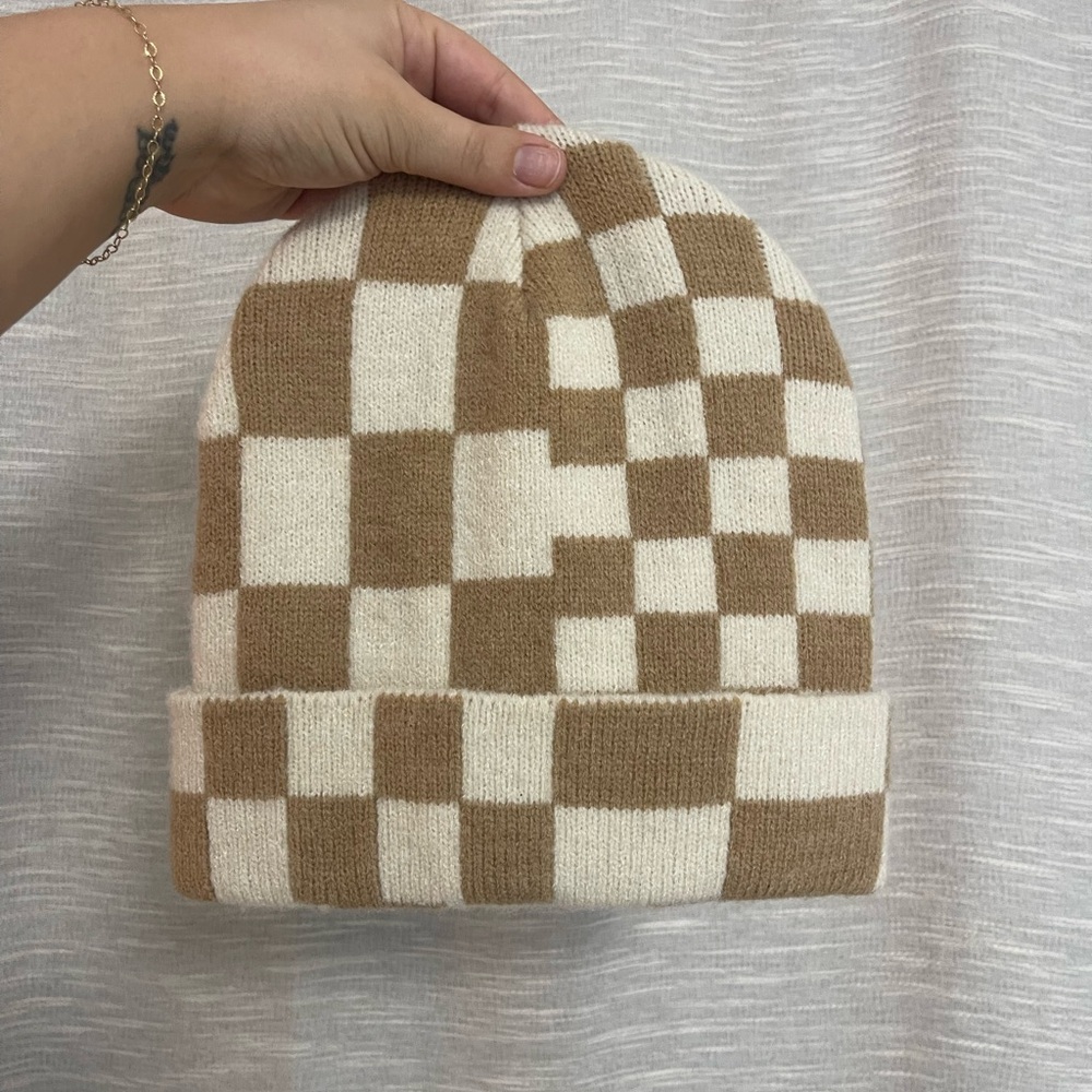 Checkered Tan and Cream Anthropologie Beanie - Picture 2 of 3